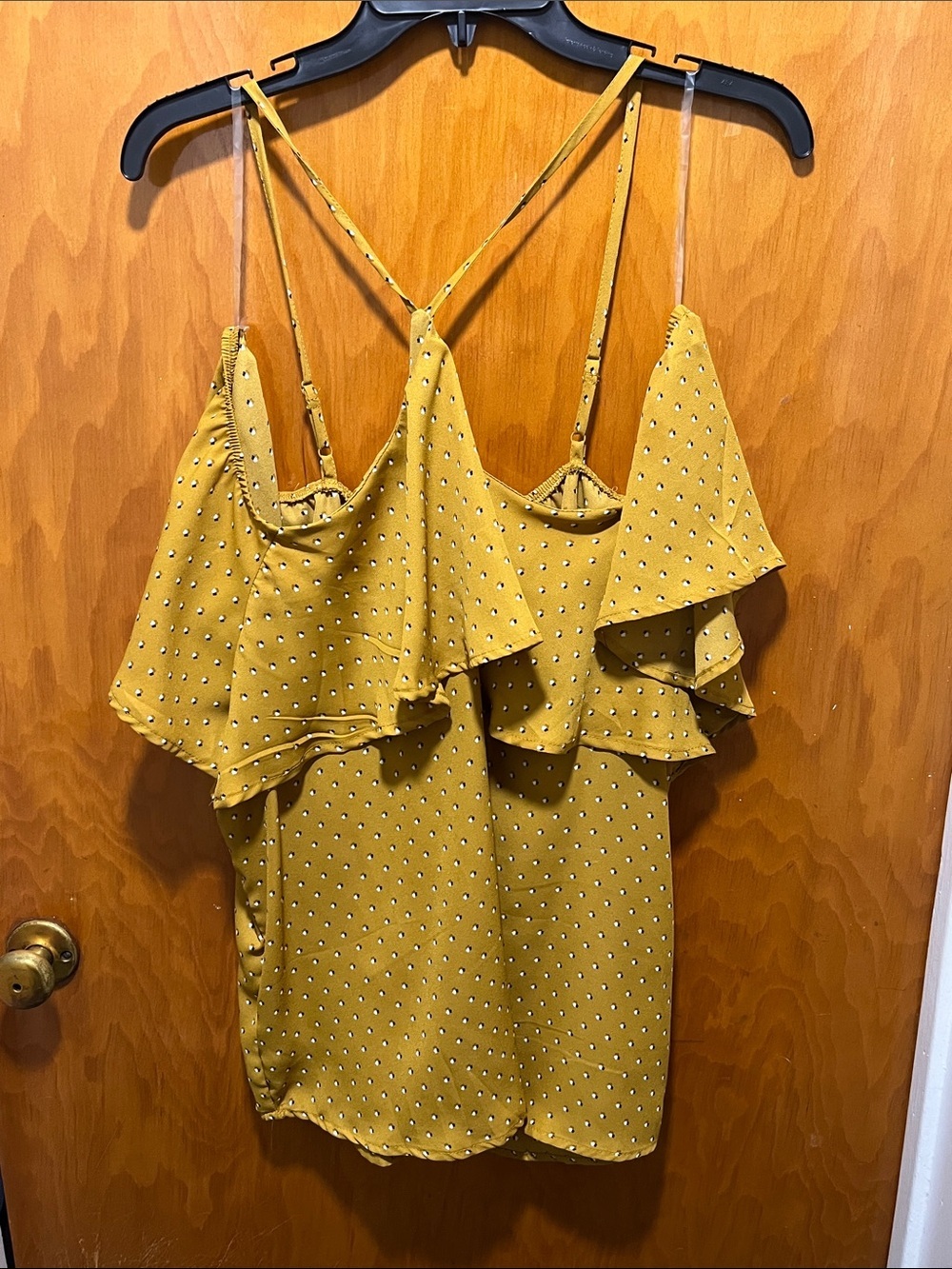 Maurices Mustard Polka Dot Spaghetti Strap Cami with Ruffle Sleeves